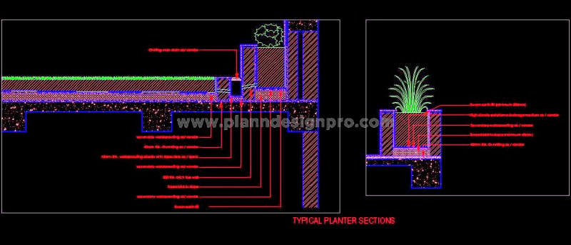 Planter Section Detail CAD- Floor Layering & Waterproofing